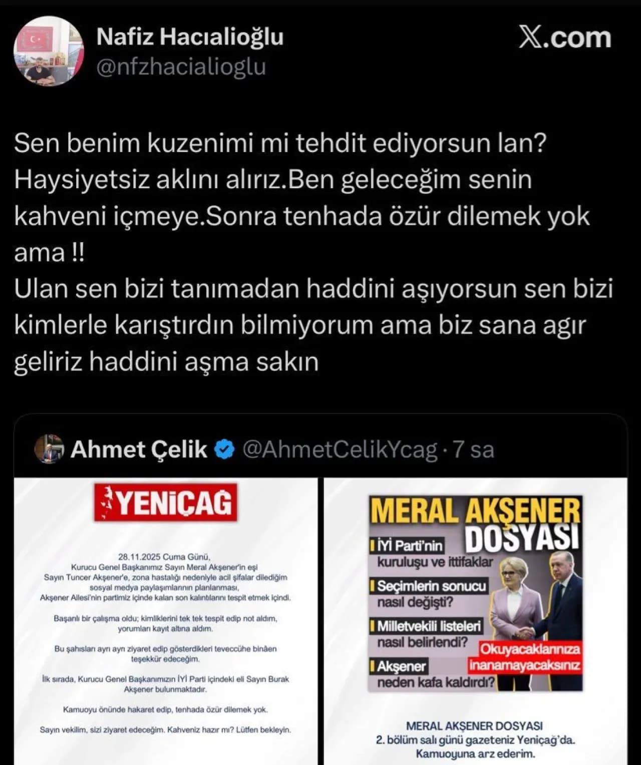 İYİ Partili Burak Akburak'ın Kuzeni Nafiz Hacıoğlu'ndan Ahmet Çelik'e Tehdit