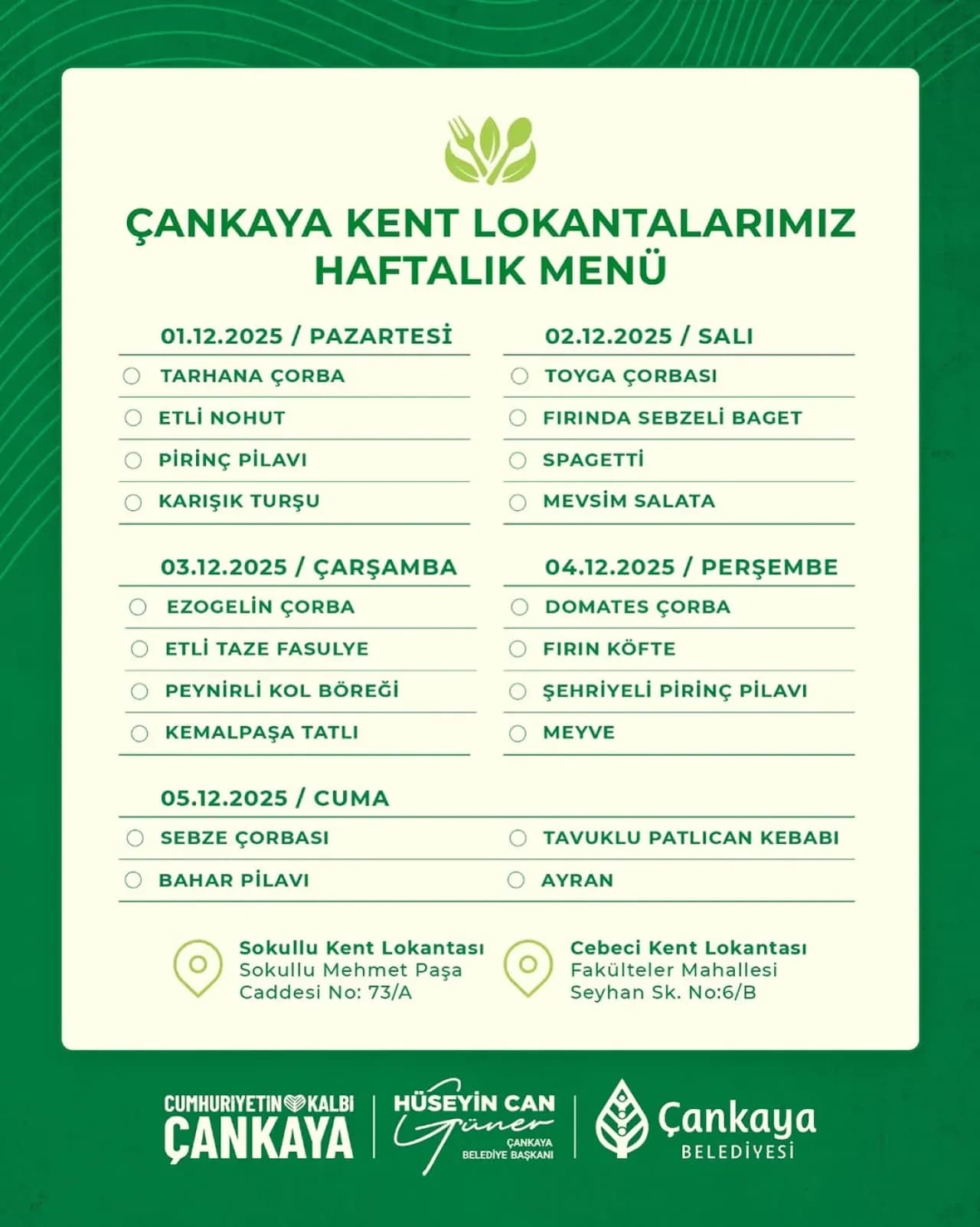 Çankaya Belediyesi Kent Lokantası Haftalık Menü Hizmeti Çankaya Belediyesi Kent Lokantası Haftalık Menü Hizmeti