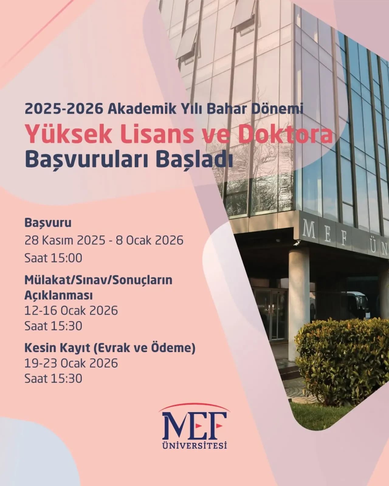MEF Üniversitesi 2025-2026 Akademik Yılı Bahar Dönemi Lisansüstü Başvuruları Başladı