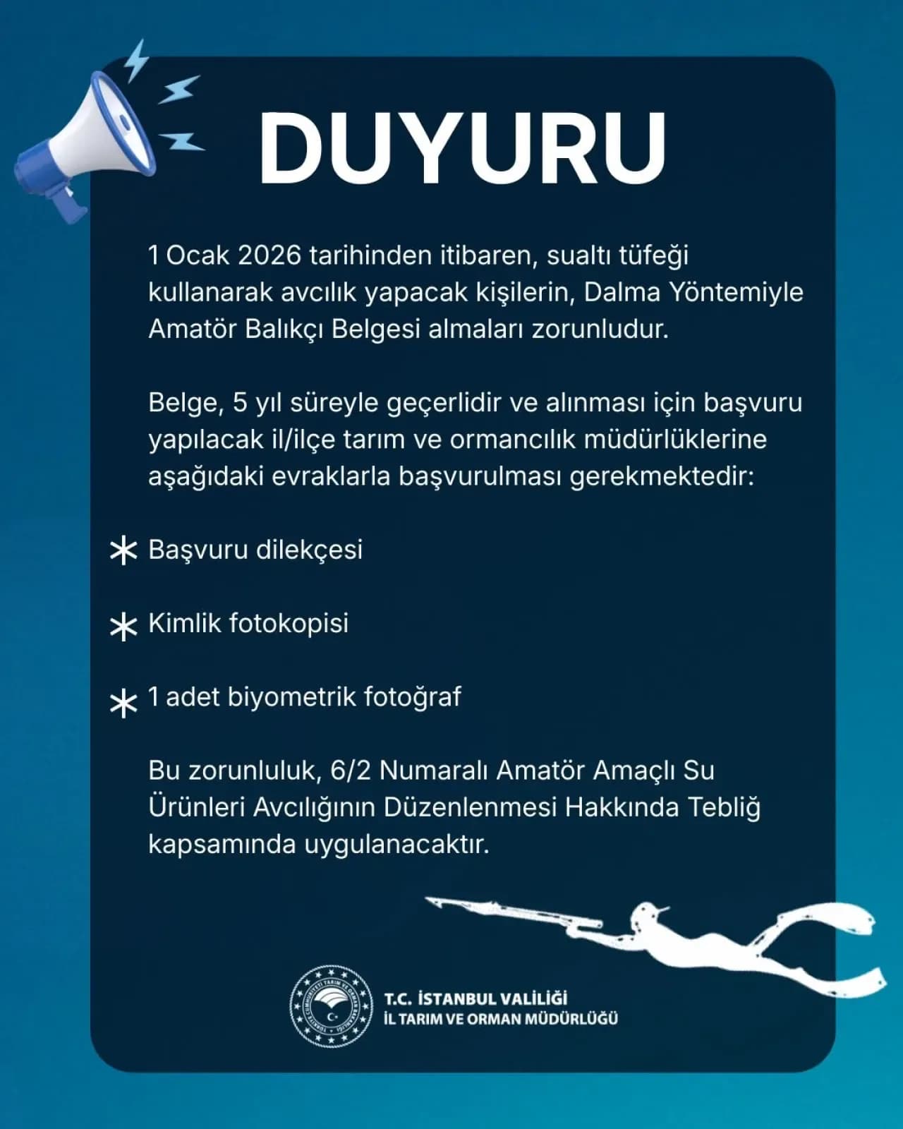2026'dan İtibaren Sualtı Tüfekli Avcılık İçin Dalma Yöntemiyle Amatör Balıkçı Belgesi Zorunlu Oluyor 2026'dan İtibaren Sualtı Tüfekli Avcılık İçin Dalma Yöntemiyle Amatör Balıkçı Belgesi Zorunlu Oluyor