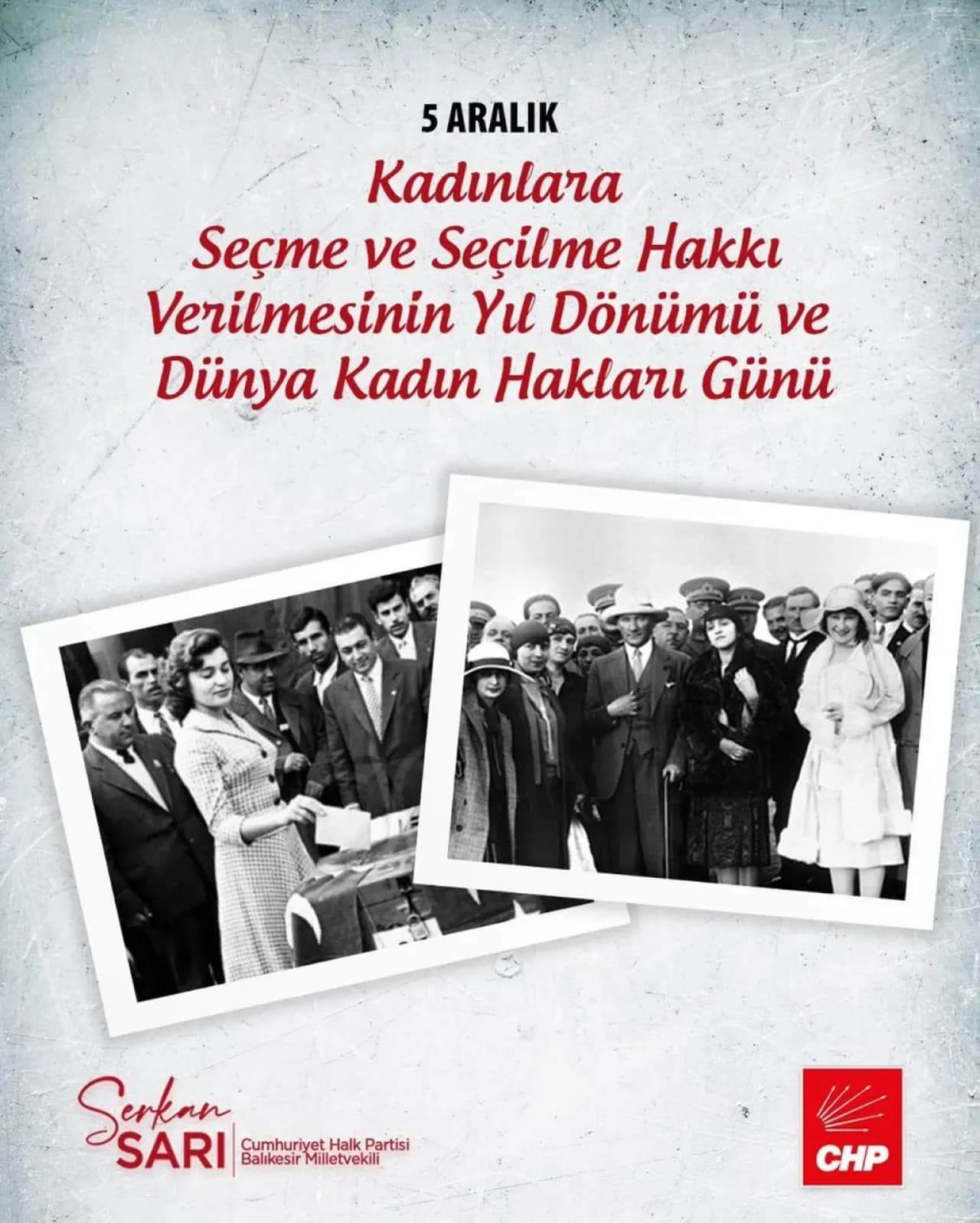 CHP'li Sarı'dan 5 Aralık Dünya Kadın Hakları Günü Mesajı: "Kadınlar Eşitliktir, Demokrasi Güvencedir" CHP'li Sarı'dan 5 Aralık Dünya Kadın Hakları Günü Mesajı: "Kadınlar Eşitliktir, Demokrasi Güvencedir"