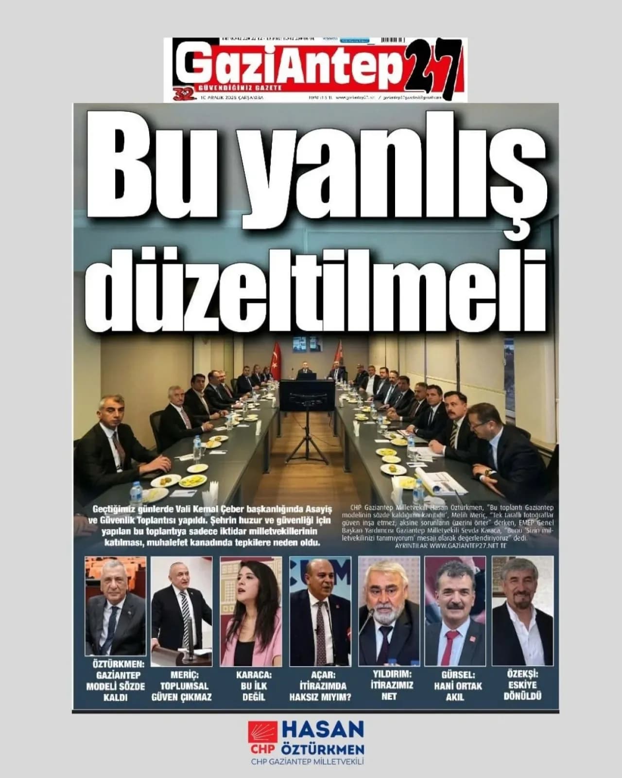 Gaziantep Milletvekili Hasan Öztürkmen, Gaziantep 27 Gazetesinin Manşetini Eleştirdi Gaziantep Milletvekili Hasan Öztürkmen, Gaziantep 27 Gazetesinin Manşetini Eleştirdi