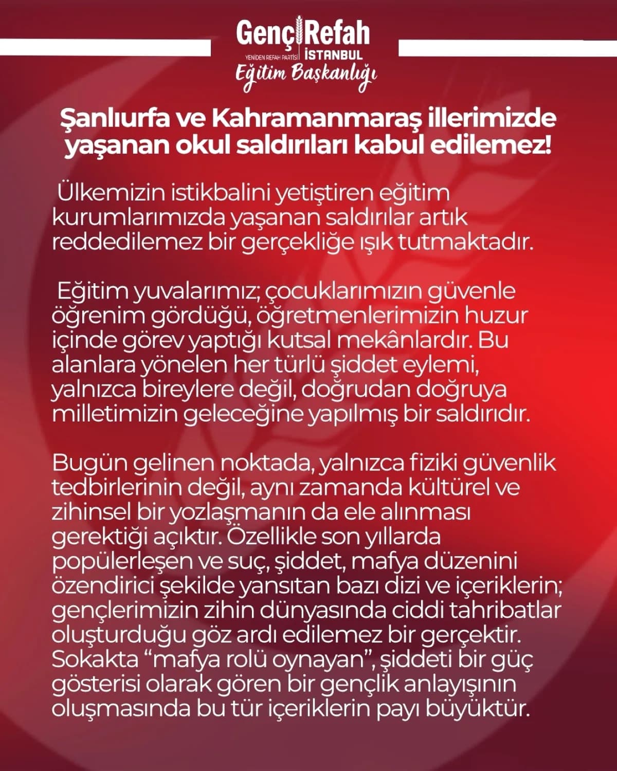 Yeniden Refah Partisi İstanbul Gençlik Kolları'ndan Okul Saldırılarına Tepki Yeniden Refah Partisi İstanbul Gençlik Kolları'ndan Okul Saldırılarına Tepki