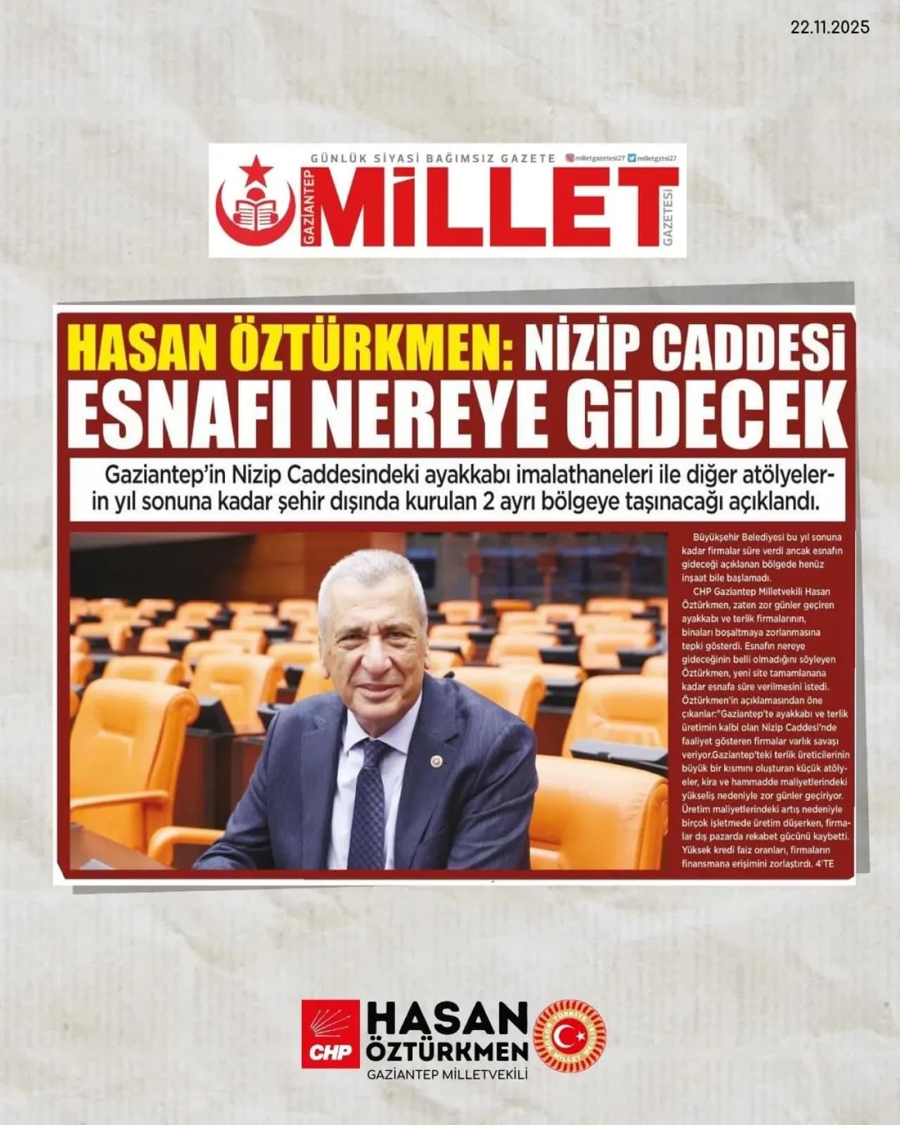 Gaziantep Milletvekili Öztürkmen'den Nizip Caddesi Esnafına Süre Talebi