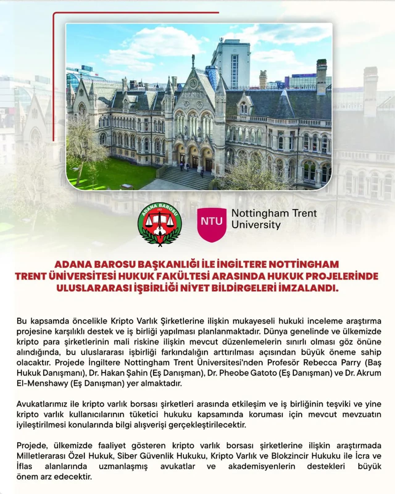 Adana Barosu ile Nottingham Trent Üniversitesi Hukuk Alanında İş Birliği Yapacak Adana Barosu ile Nottingham Trent Üniversitesi Hukuk Alanında İş Birliği Yapacak