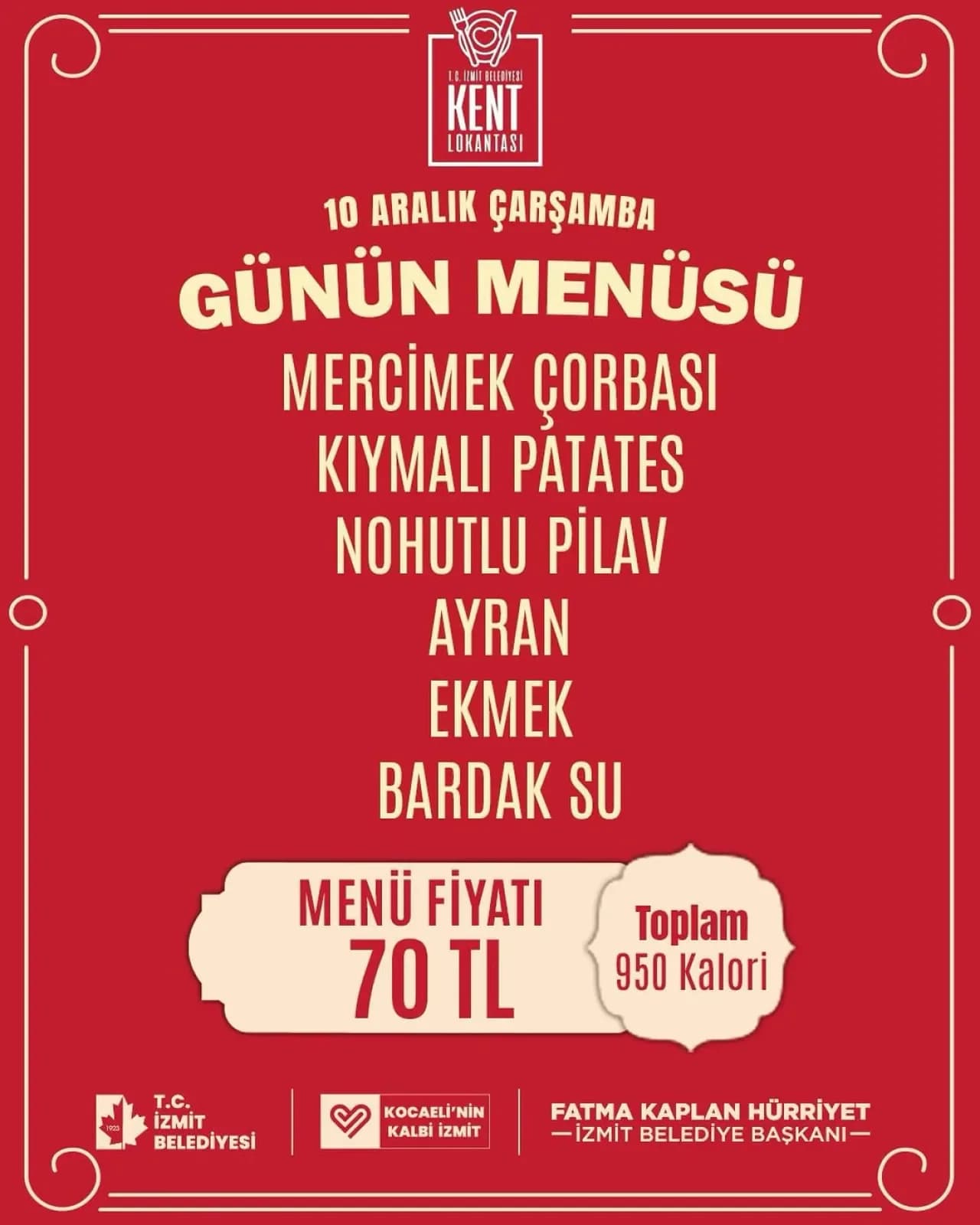 İzmit Belediyesi'nden Uygun Fiyatlı ve Besleyici Öğle Yemeği: Günün Menüsü 70 TL İzmit Belediyesi'nden Uygun Fiyatlı ve Besleyici Öğle Yemeği: Günün Menüsü 70 TL