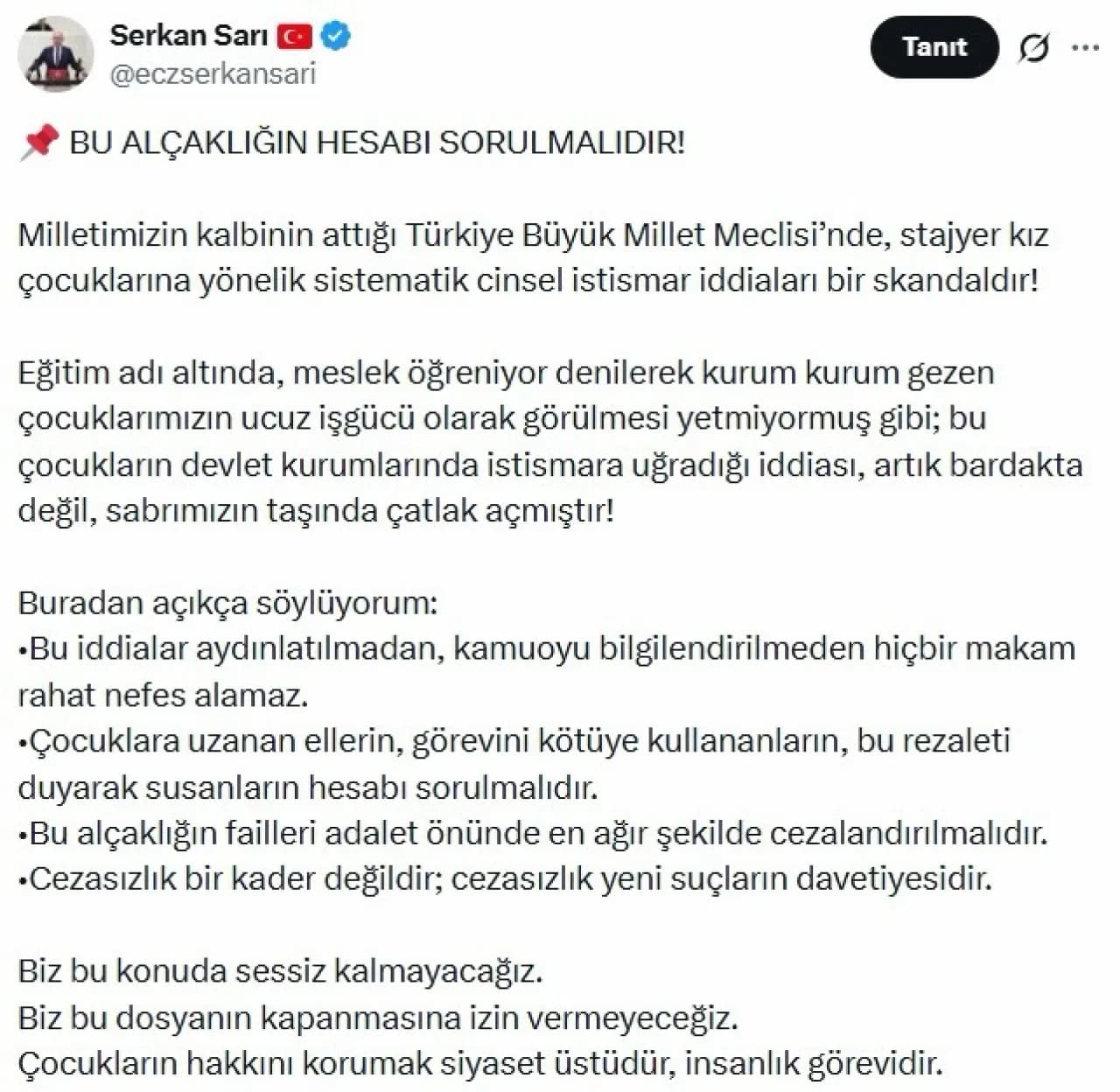 CHP'li Sarı'dan TBMM'deki Stajyer İstismarı İddialarına Sert Tepki: "Bu Alçaklığın Hesabı Sorulmalı" CHP'li Sarı'dan TBMM'deki Stajyer İstismarı İddialarına Sert Tepki: "Bu Alçaklığın Hesabı Sorulmalı"