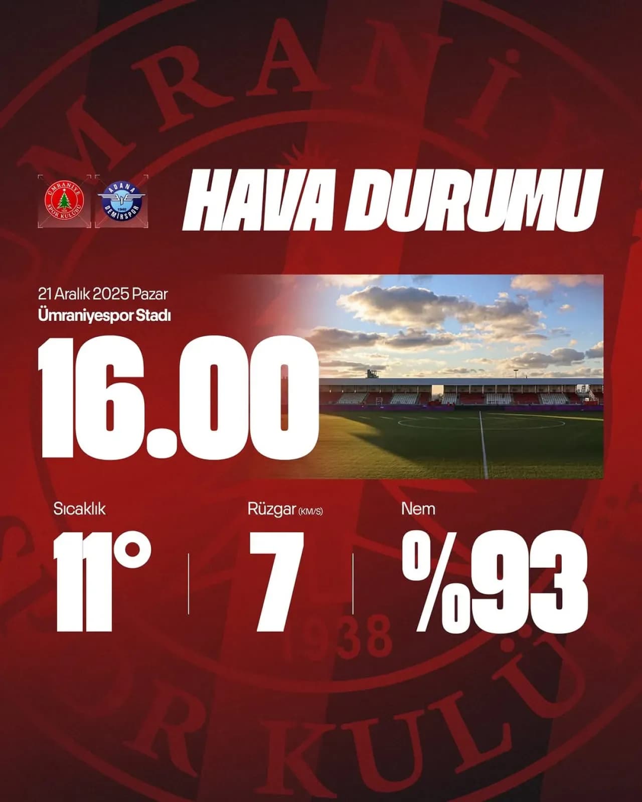 Ümraniyespor, Adana Demirspor Maçı Öncesi Hava Durumu Açıklandı Ümraniyespor, Adana Demirspor Maçı Öncesi Hava Durumu Açıklandı