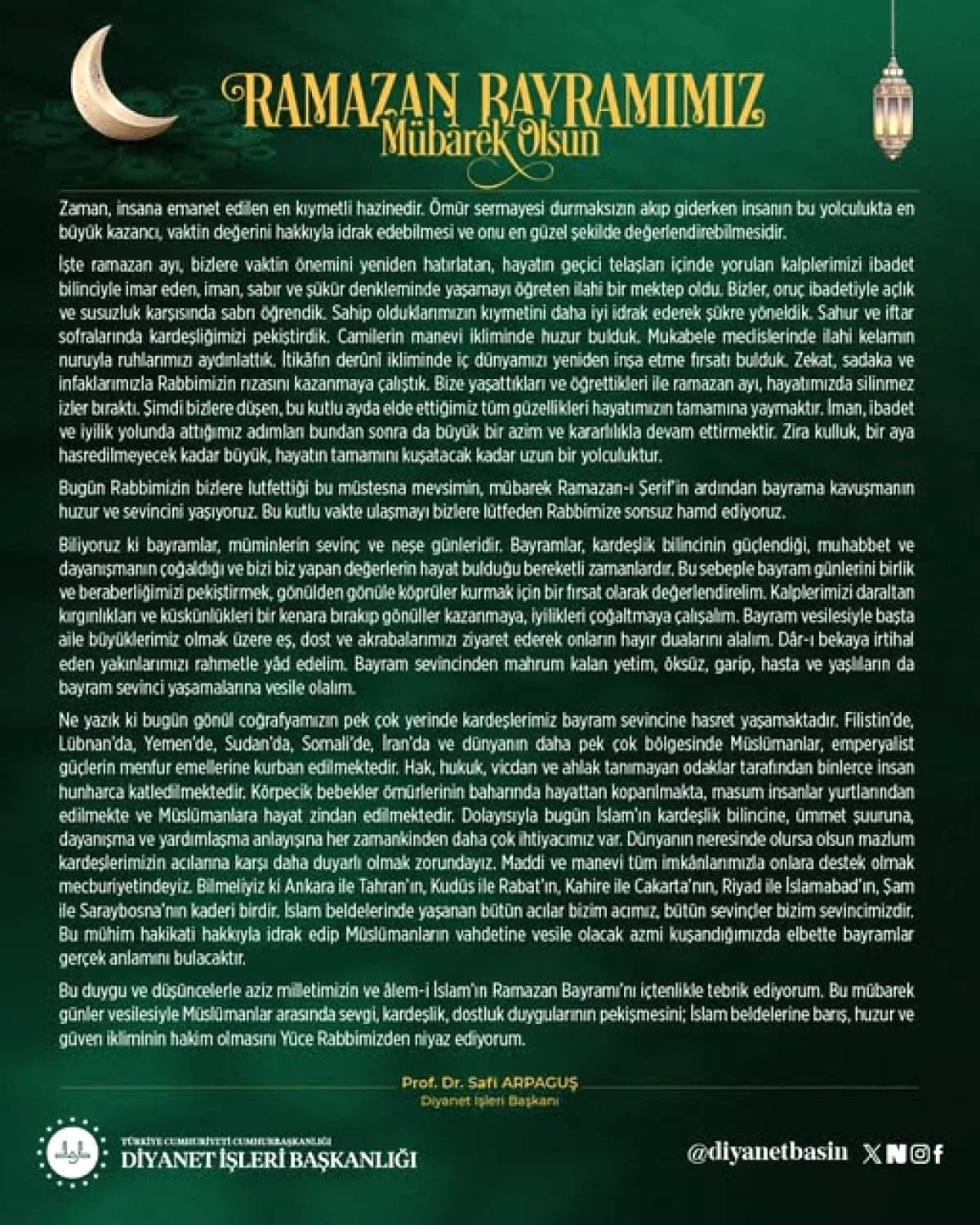 Diyanet Başkanı Arpaguş'tan Bayram Mesajı: İslam Beldelerindeki Acı ve Sevincimiz Diyanet Başkanı Arpaguş'tan Bayram Mesajı: İslam Beldelerindeki Acı ve Sevincimiz