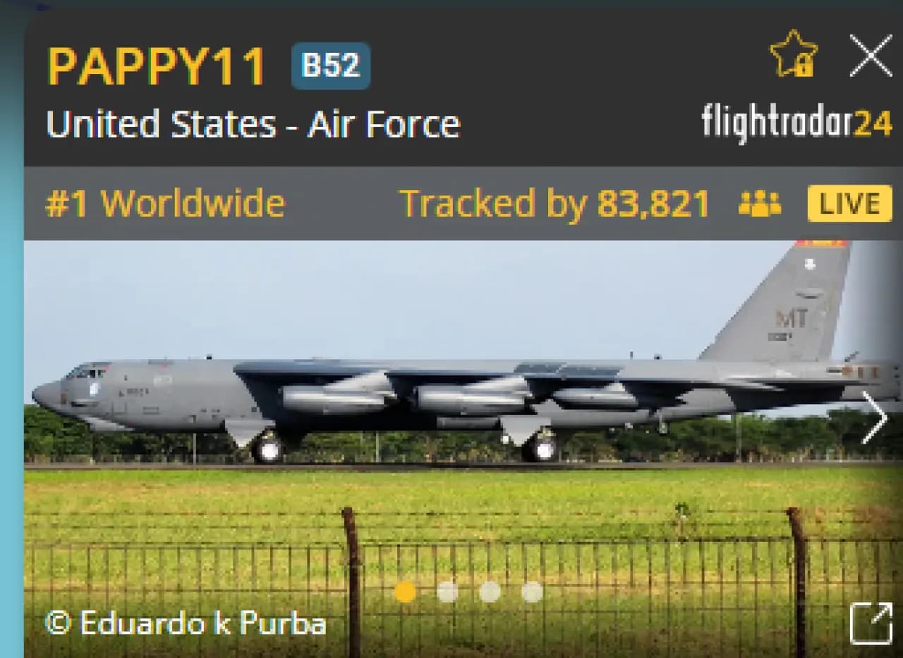 Venezuela Açıklarında ABD'ye Ait B-52 Bombardıman Uçağı 84 Bin Kişi Tarafından Anlık Takip Ediliyor Venezuela Açıklarında ABD'ye Ait B-52 Bombardıman Uçağı 84 Bin Kişi Tarafından Anlık Takip Ediliyor