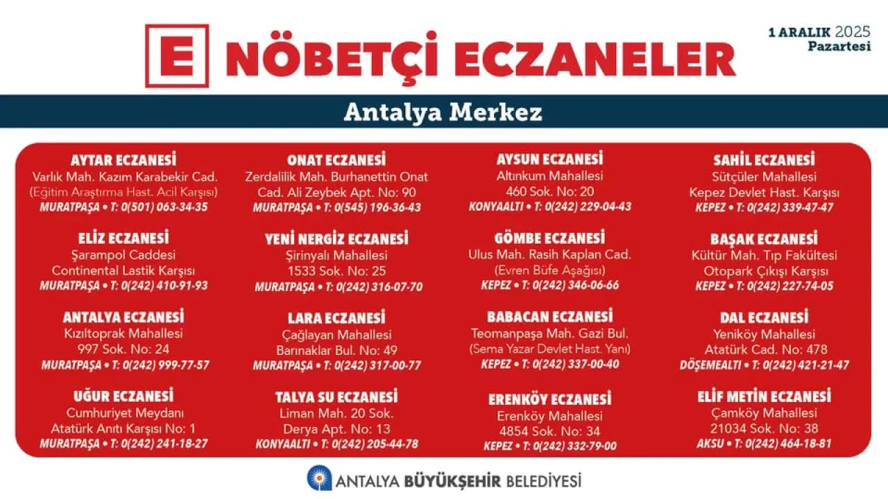 Antalya'da Nöbetçi Eczaneler: 1 Aralık 2025 Pazartesi Günü Hizmet Verecekler Antalya'da Nöbetçi Eczaneler: 1 Aralık 2025 Pazartesi Günü Hizmet Verecekler