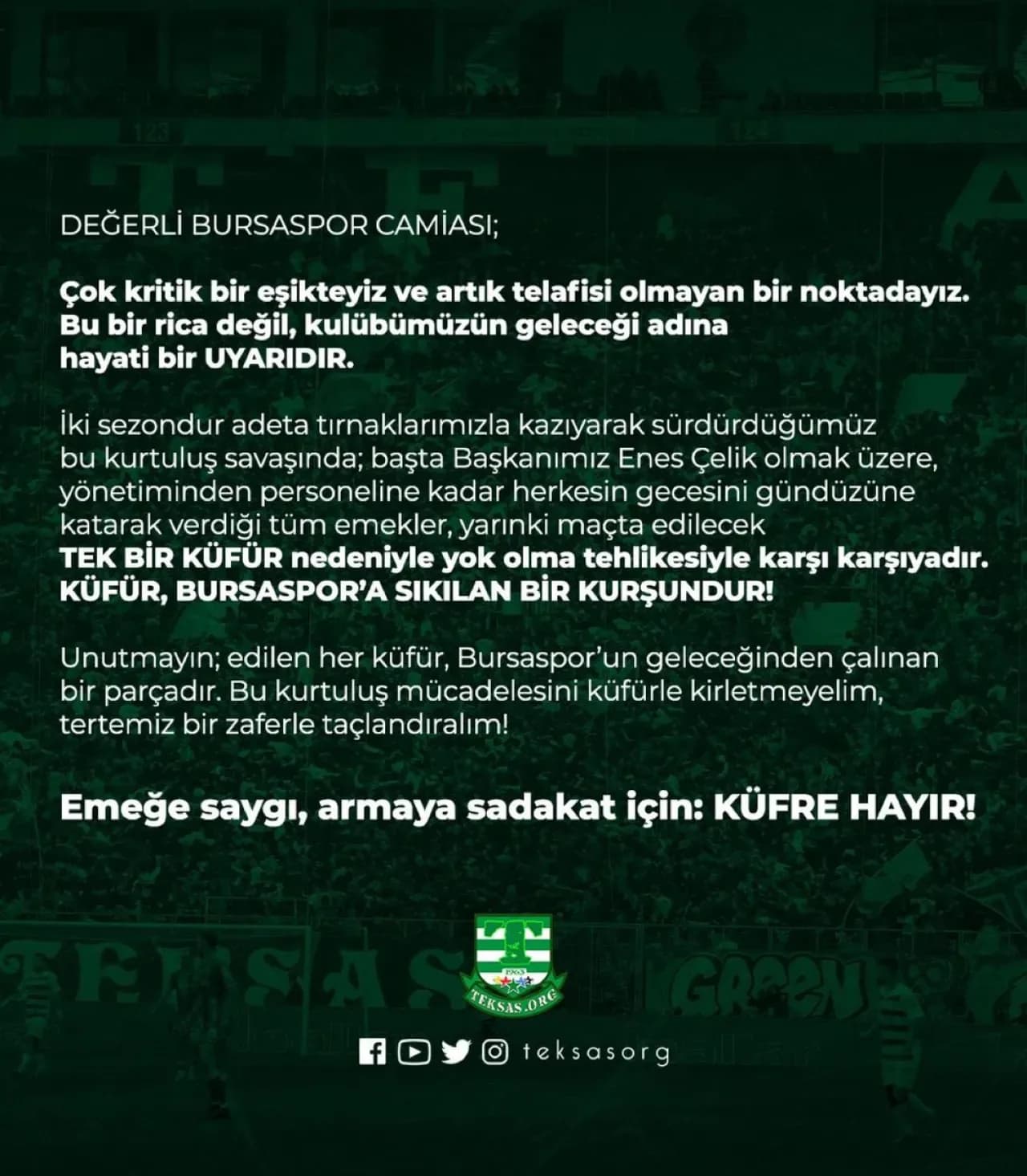 Bursaspor Taraftarına Yönelik Küfür Uyarısı: "Küfür Kurşun Gibidir" Bursaspor Taraftarına Yönelik Küfür Uyarısı: "Küfür Kurşun Gibidir"