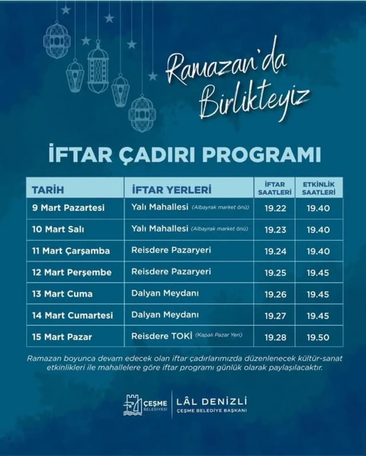 Çeşme'de Ramazan Ruhu Sokaklara Taşındı: İftar Çadırları ve Kültür Sanat Etkinlikleri Başladı Çeşme'de Ramazan Ruhu Sokaklara Taşındı: İftar Çadırları ve Kültür Sanat Etkinlikleri Başladı
