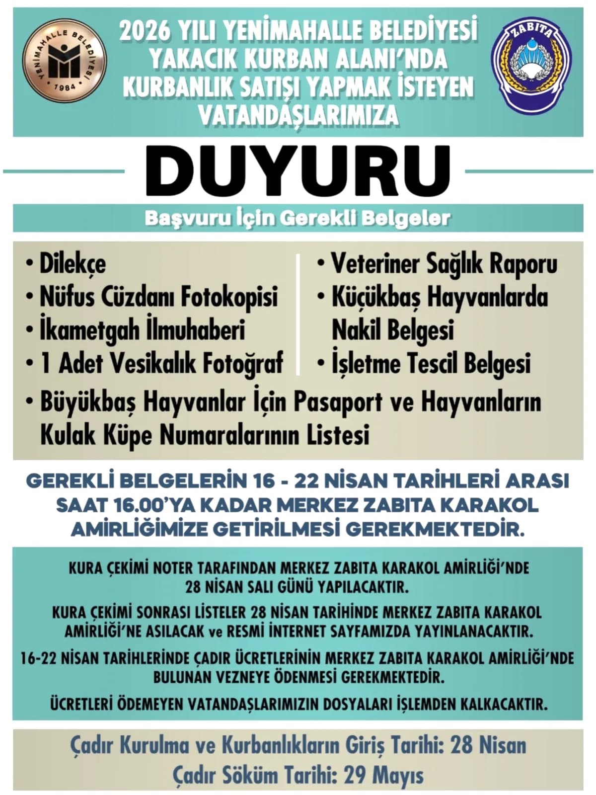 Yenimahalle'de Kurbanlık Satışı Başvuruları Başlıyor! Son Tarih 22 Nisan Yenimahalle'de Kurbanlık Satışı Başvuruları Başlıyor! Son Tarih 22 Nisan