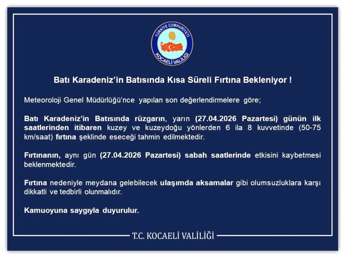 Fırtına Uyarısı: Kocaeli ve Çevresinde Kısa Süreli Etkili Olması Bekleniyor Fırtına Uyarısı: Kocaeli ve Çevresinde Kısa Süreli Etkili Olması Bekleniyor