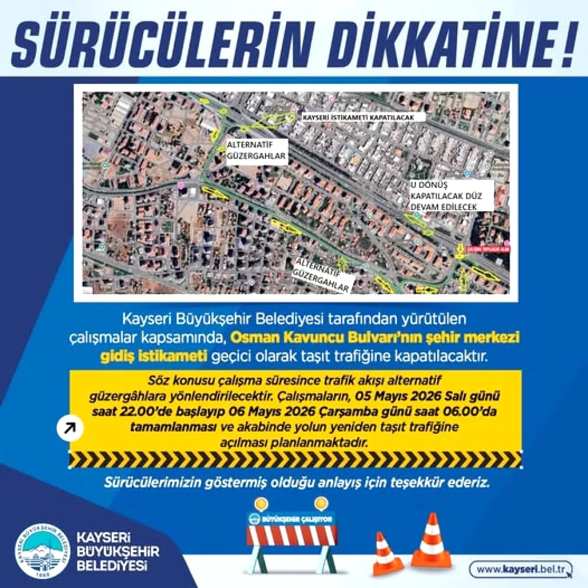 Kayseri'de Osman Kavuncu Bulvarı Gece Trafiğe Kapanıyor: Alternatif Güzergahlar Kayseri'de Osman Kavuncu Bulvarı Gece Trafiğe Kapanıyor: Alternatif Güzergahlar