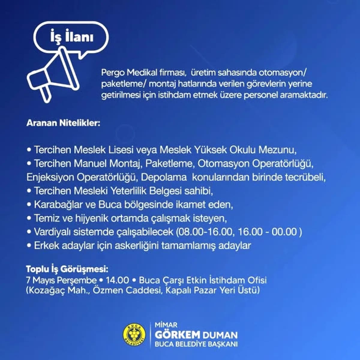 Buca'da İş Fırsatı: Pargo Medikal ve Egemen Group Personel Alımı Buca'da İş Fırsatı: Pargo Medikal ve Egemen Group Personel Alımı