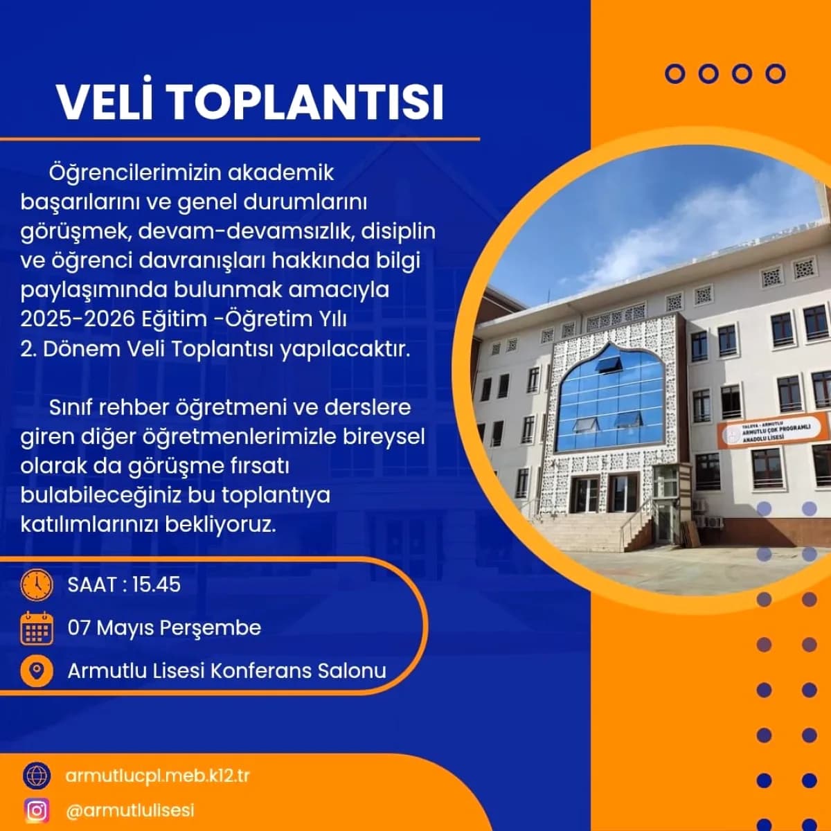 Yalova Armutlu'da Veli Toplantısı: 7 Mayıs Perşembe 15:45 Yalova Armutlu'da Veli Toplantısı: 7 Mayıs Perşembe 15:45