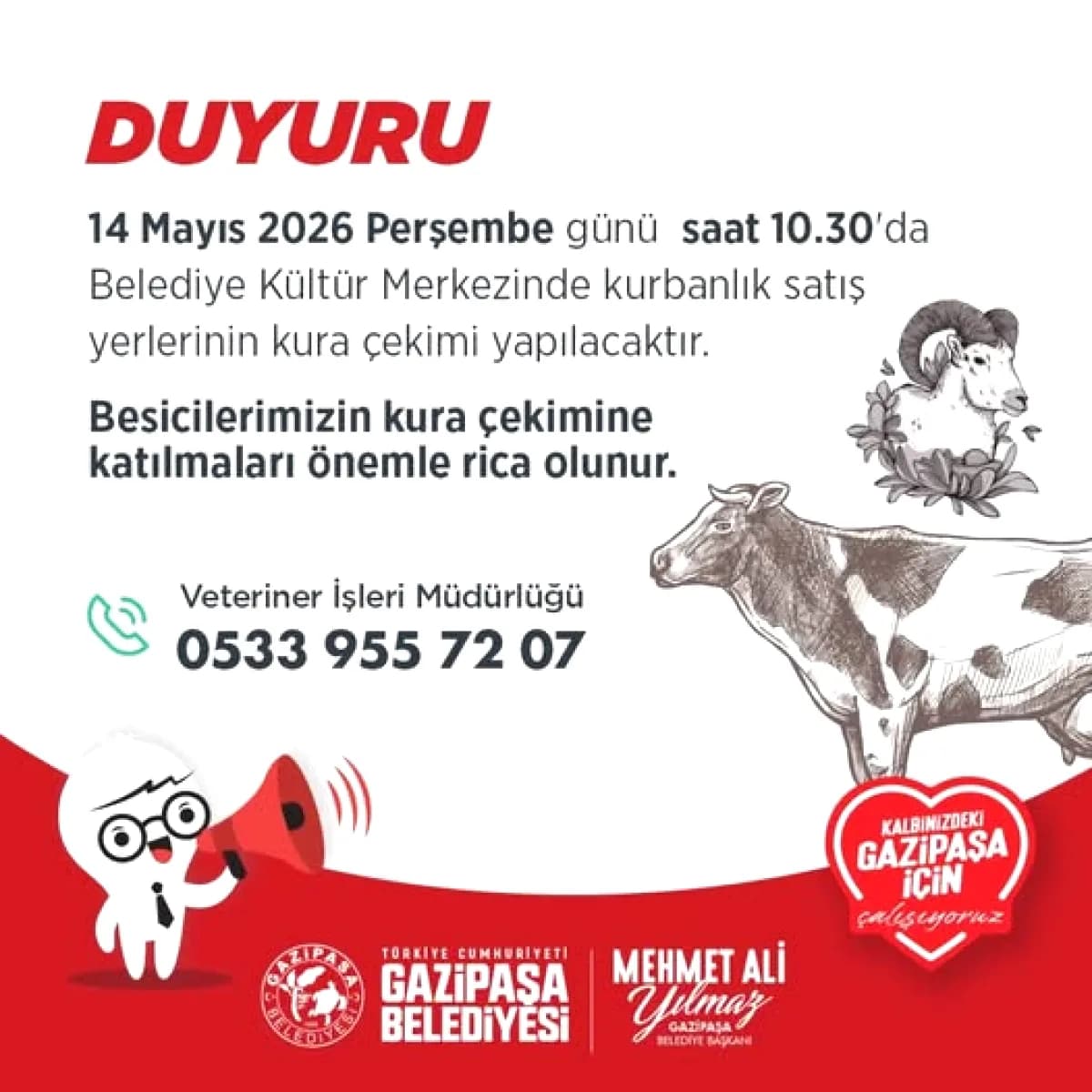 Gazipaşa'da Besiciler İçin Kurban Satış Yeri Kurası: 14 Mayıs'ta Gazipaşa'da Besiciler İçin Kurban Satış Yeri Kurası: 14 Mayıs'ta