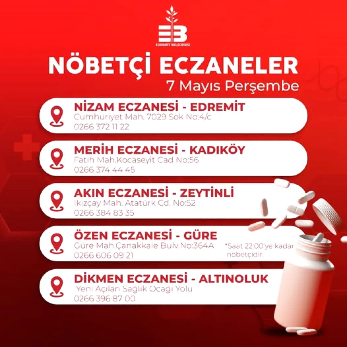 Edremit Belediyesi'nden Nöbetçi Eczane Hatırlatması Edremit Belediyesi'nden Nöbetçi Eczane Hatırlatması