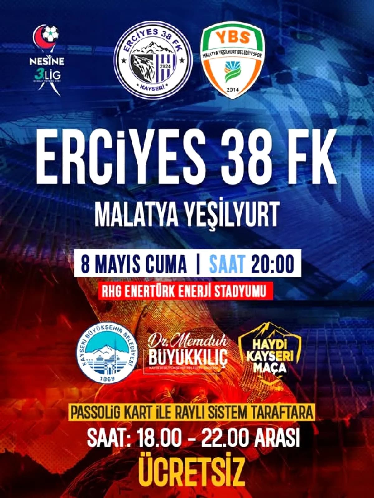 Erciyes 38 FK Playoff Yolunda: Kritik Maça Büyükşehir'den Ücretsiz Ulaşım Erciyes 38 FK Playoff Yolunda: Kritik Maça Büyükşehir'den Ücretsiz Ulaşım