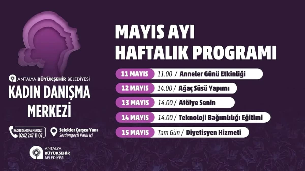 Antalya'da Kadınlar İçin Ücretsiz 5 Etkinlik: Anneler Günü'nden Diyetisyene Antalya'da Kadınlar İçin Ücretsiz 5 Etkinlik: Anneler Günü'nden Diyetisyene