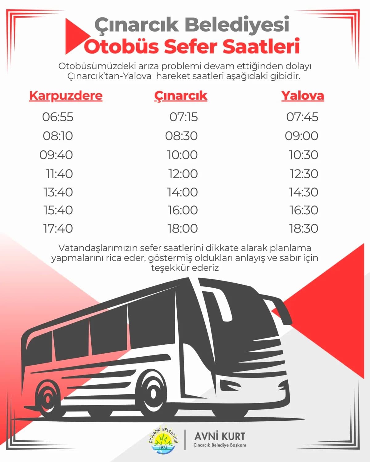Çınarcık Belediyesi Otobüs Seferleri Değişti: Yeni Düzenleme Çınarcık Belediyesi Otobüs Seferleri Değişti: Yeni Düzenleme