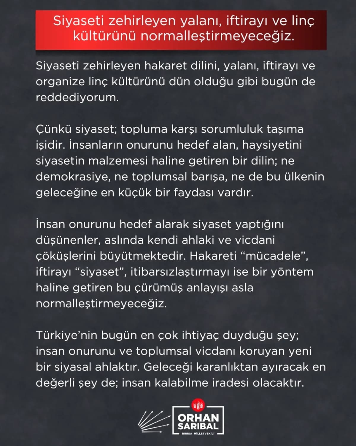 Sarıbal'dan Siyasette Hakaret Diline Tepki: "Ahlaki Çöküşü Normalleştirmeyeceğiz" Sarıbal'dan Siyasette Hakaret Diline Tepki: "Ahlaki Çöküşü Normalleştirmeyeceğiz"