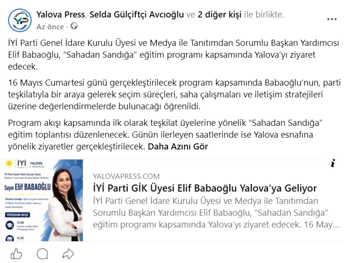 İYİ Parti'den Yalova'ya 'Sahadan Sandığa' Çıkarması: Elif Babaoğlu 16 Mayıs'ta İlde İYİ Parti'den Yalova'ya 'Sahadan Sandığa' Çıkarması: Elif Babaoğlu 16 Mayıs'ta İlde