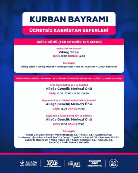 Aliağa Belediyesi Kurban Bayramı İçin Ücretsiz Ulaşım Başlatıyor Aliağa Belediyesi Kurban Bayramı İçin Ücretsiz Ulaşım Başlatıyor