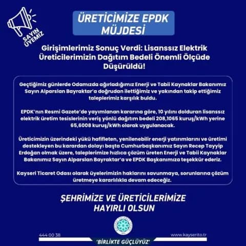 Kayseri'den Lisanssız Elektrik Üreticilerine Müjde: Dağıtım Bedeli Yüzde 68 Düştü Kayseri'den Lisanssız Elektrik Üreticilerine Müjde: Dağıtım Bedeli Yüzde 68 Düştü