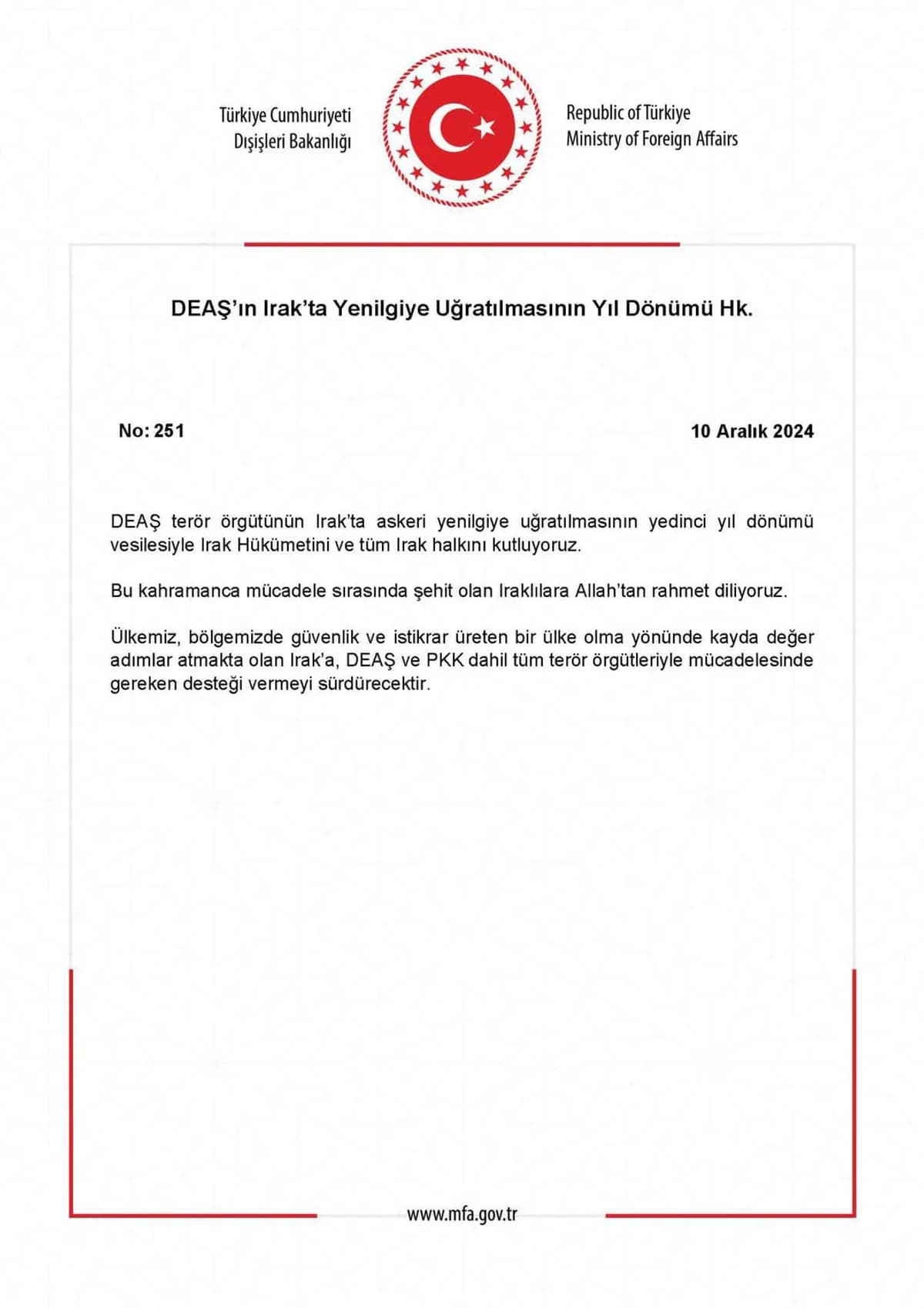 DEAŞ’ın Irak’ta Yenilgiye Uğratılmasının Yıl Dönümü DEAŞ’ın Irak’ta Yenilgiye Uğratılmasının Yıl Dönümü