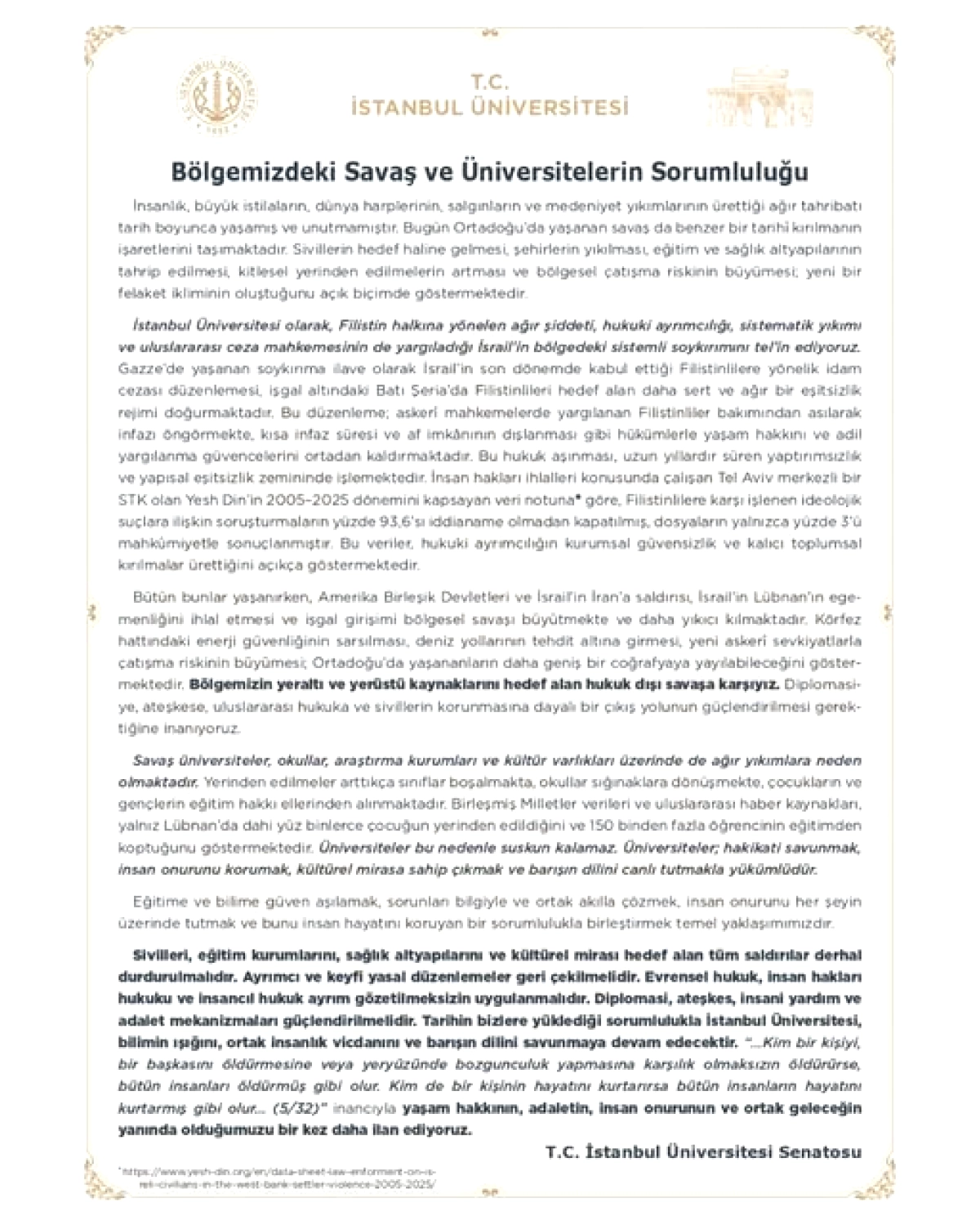 İstanbul Üniversitesi'nden Savaş Koşullarında Eğitim Vurgusu