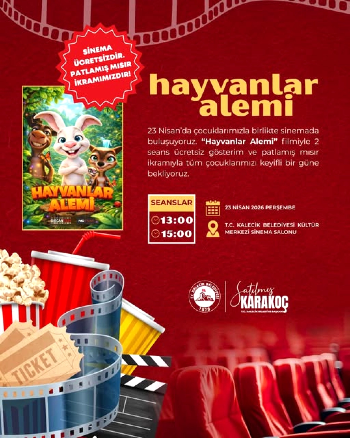Kalecik'te 23 Nisan'da Ücretsiz Çocuk Sineması: Hayvanlar Alemi