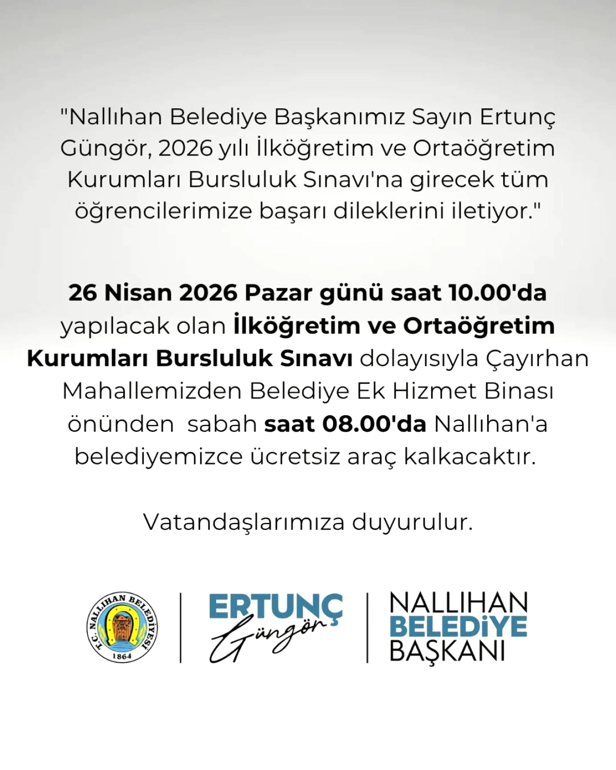 Nallıhan'dan Öğrencilere Sınav Günü Ücretsiz Ulaşım Desteği