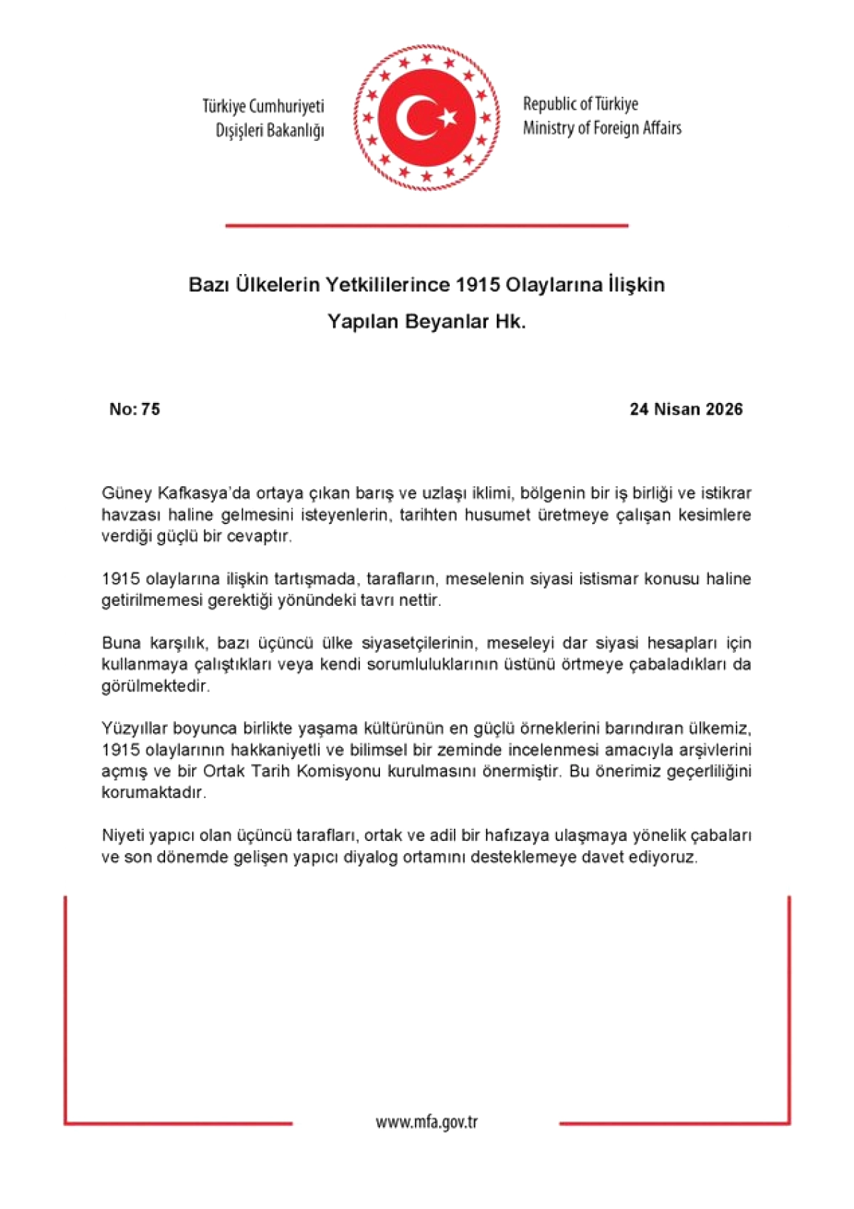 Dışişleri'nden 1915 Olayları Açıklaması: Arşivler Açık, Ortak Tarih Komisyonu Önerisi Geçerli