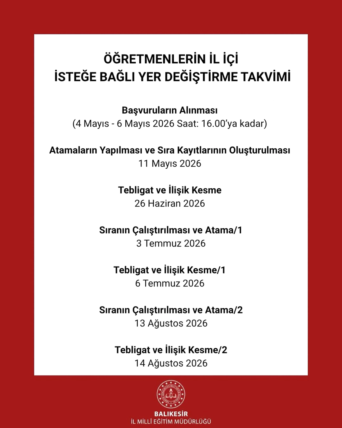 Balıkesir'de Öğretmen Tayin Başvuruları Başlıyor: 2026 İl İçi Yer Değiştirme Takvimi Açıklandı
