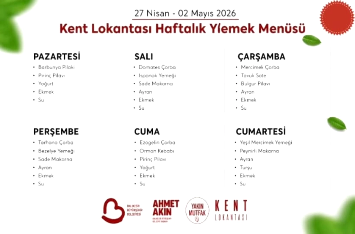 Manyas Kent Lokantası Haftalık Menüsü ve Saatleri