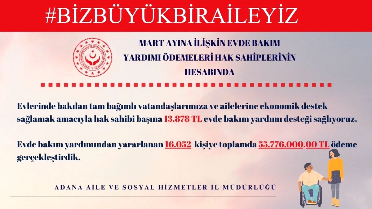 Adana'da Mart Ayı Engelli Evde Bakım Yardımı Ödemeleri Tamamlandı