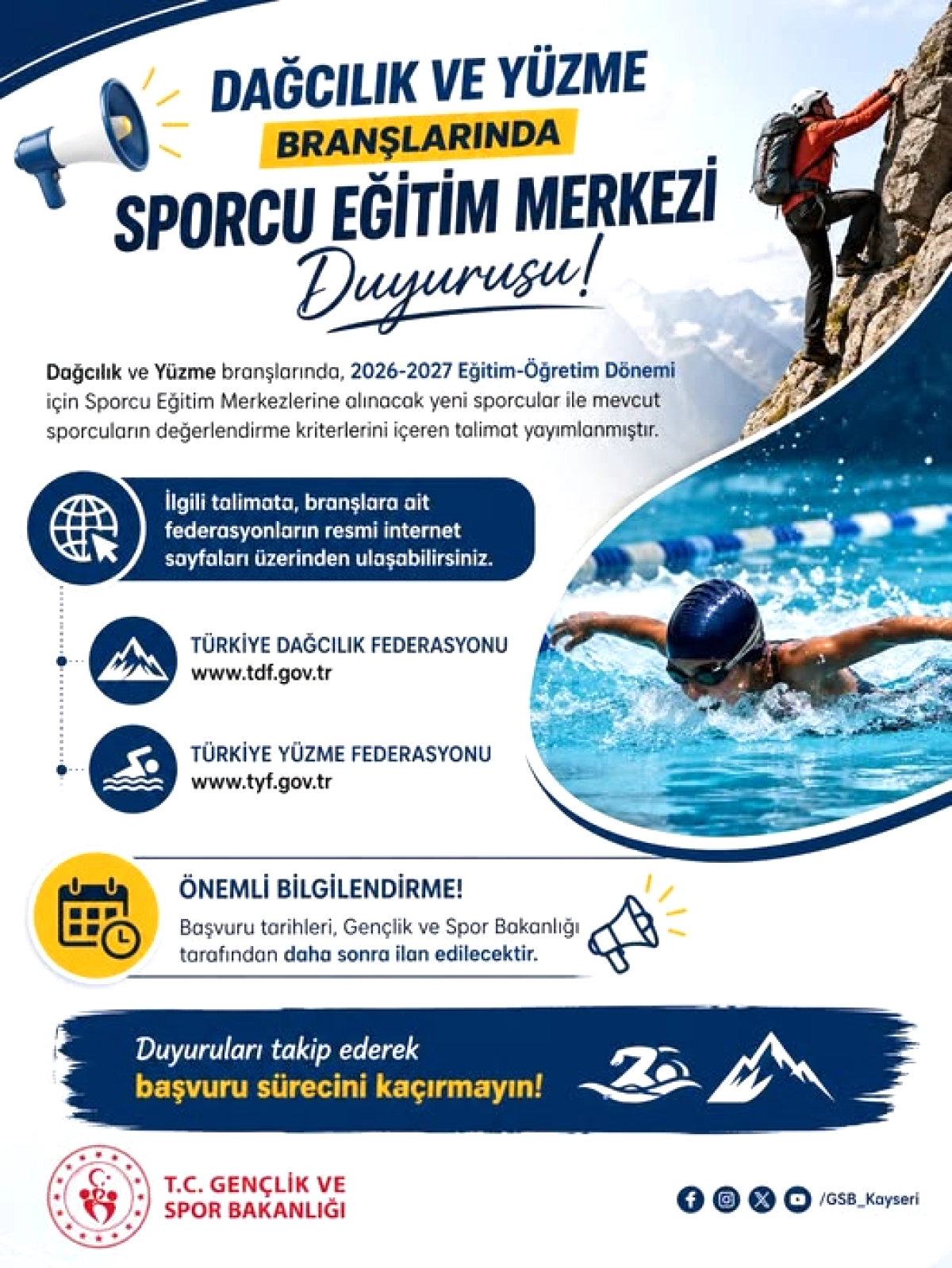 Kayseri'de Dağcılık ve Yüzme SEM Başvuru Duyurusu Yayımlandı