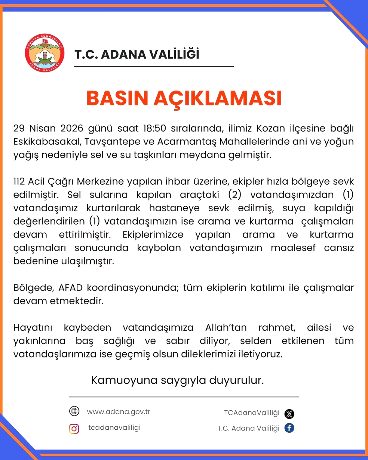 Adana Kozan'da Sel Felaketi: 1 Ölü, 1 Kurtarıldı