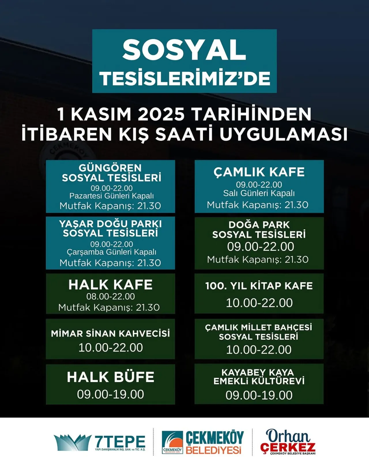 İstanbul Çekmeköy Sosyal Tesisleri'nde Kış Saati Uygulaması Başlıyor İstanbul Çekmeköy Sosyal Tesisleri'nde Kış Saati Uygulaması Başlıyor