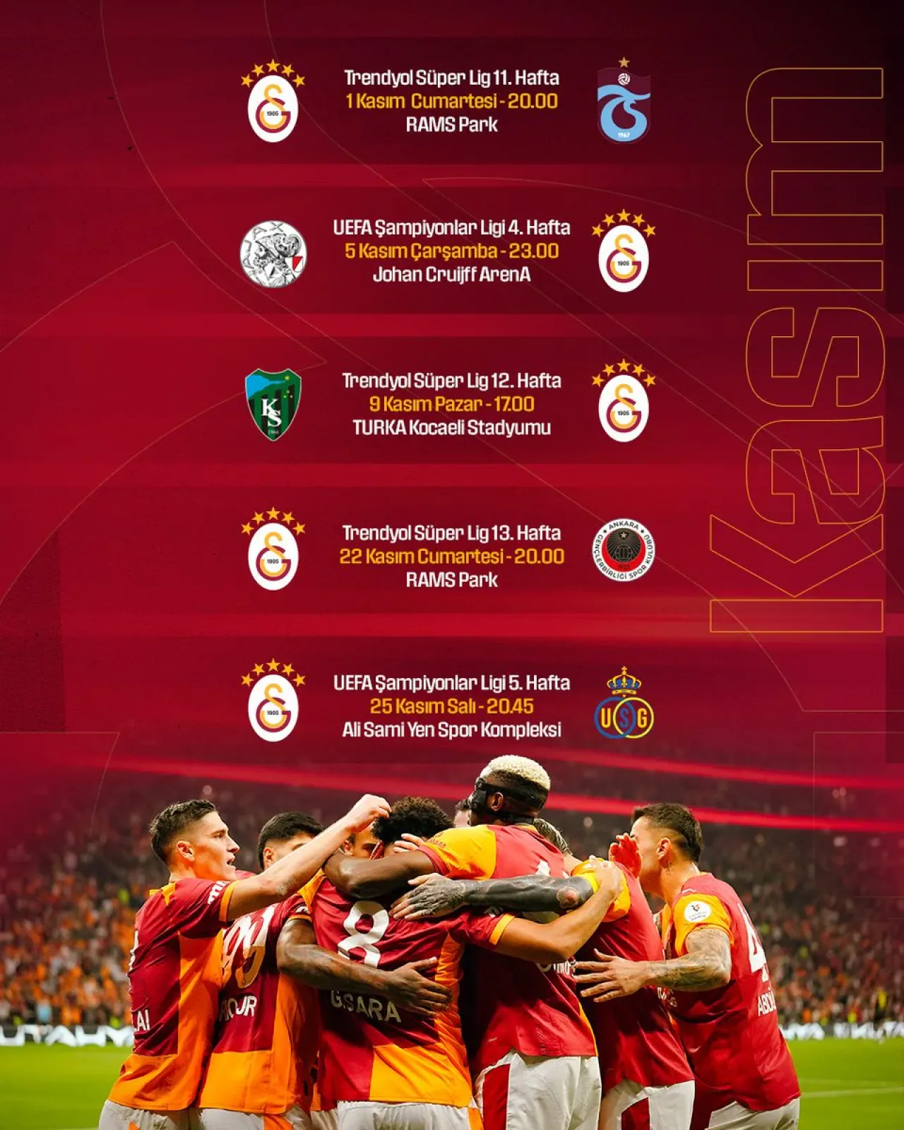 Galatasaray'ın Kasım Ayındaki Futbol Maçları Takvimi Açıklandı Galatasaray'ın Kasım Ayındaki Futbol Maçları Takvimi Açıklandı
