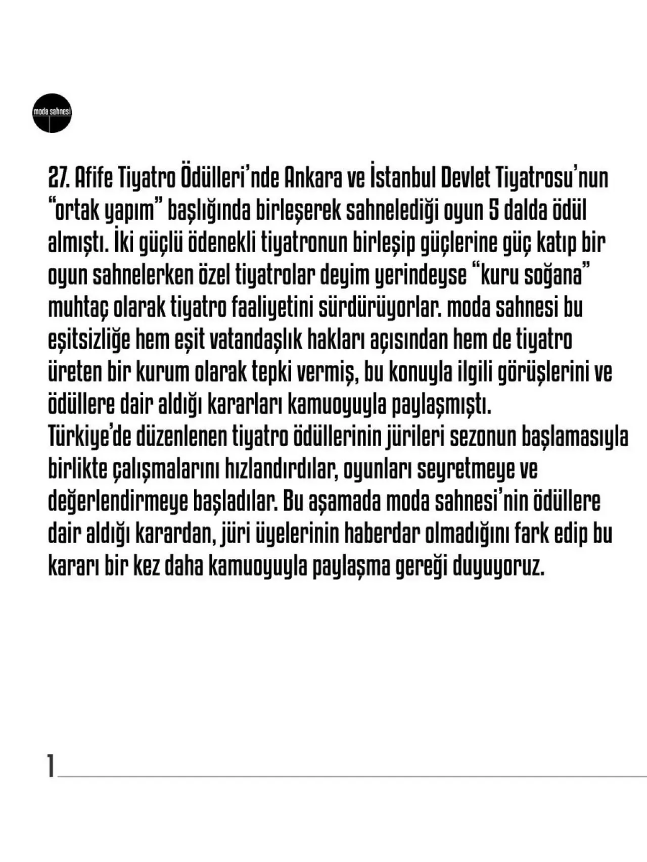 Modasahnesi Tiyatro Ödüllerine Katılım Şartını Açıkladı Modasahnesi Tiyatro Ödüllerine Katılım Şartını Açıkladı
