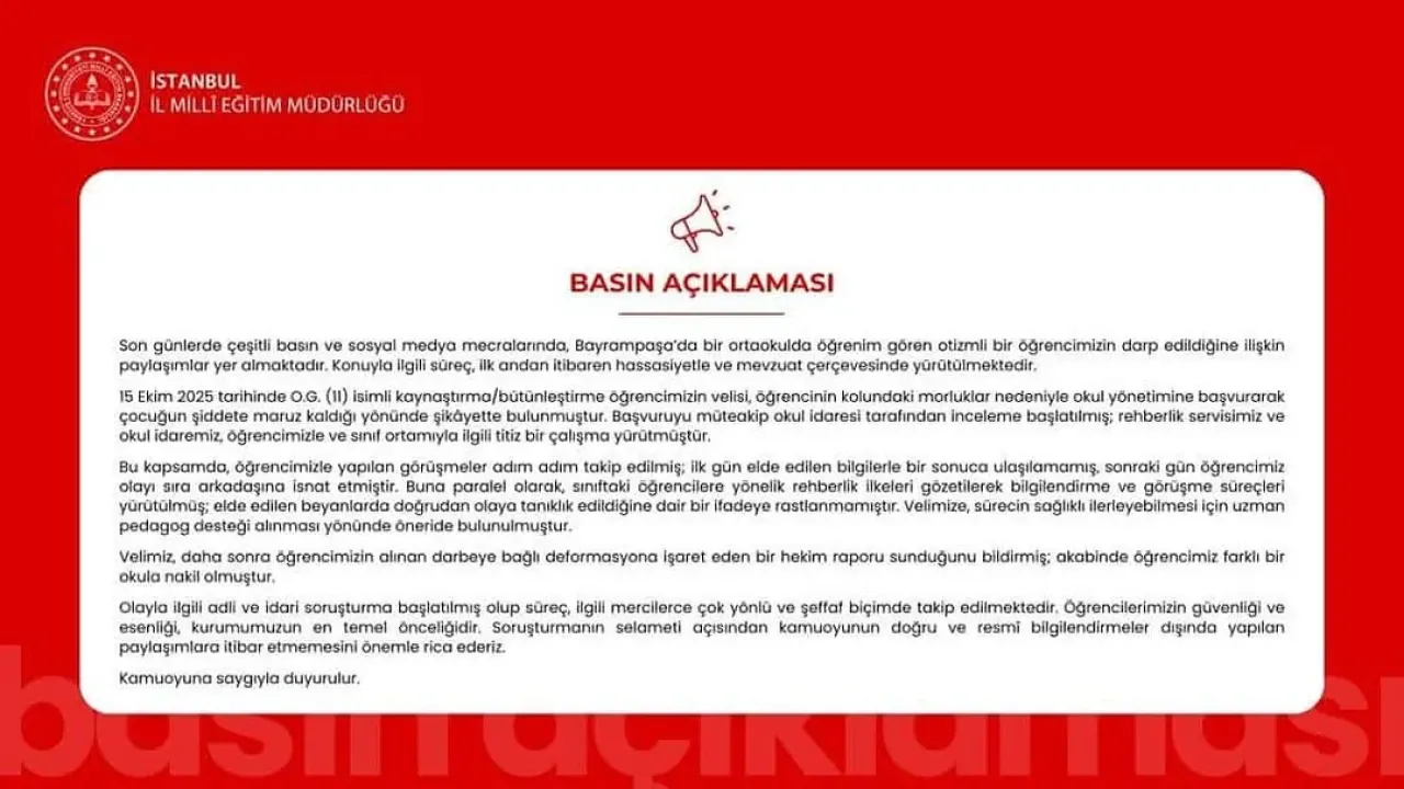 Bayrampaşa'da Otizmli Öğrenci İddialarına İlçe Milli Eğitim'den Açıklama Bayrampaşa'da Otizmli Öğrenci İddialarına İlçe Milli Eğitim'den Açıklama