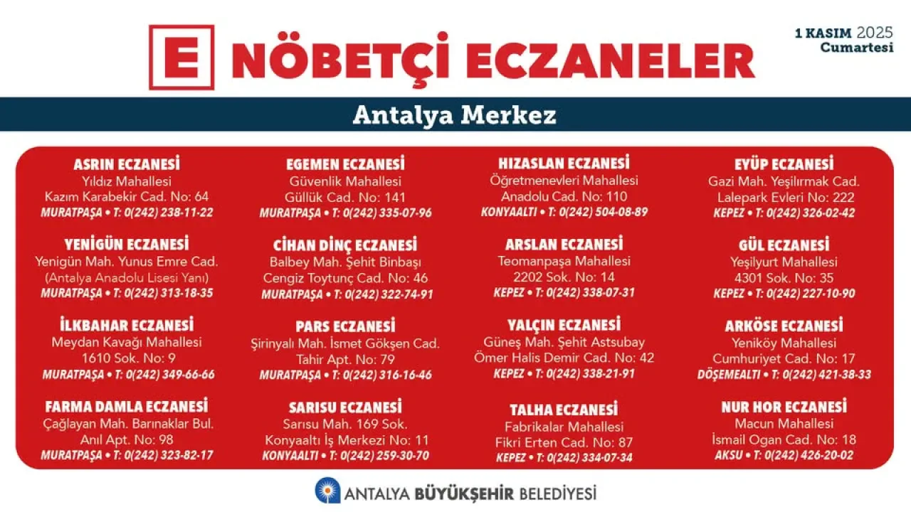 Antalya'da Nöbetçi Eczaneler: 1 Kasım 2025 Cumartesi Günü Hizmet Verecek Eczaneler Antalya'da Nöbetçi Eczaneler: 1 Kasım 2025 Cumartesi Günü Hizmet Verecek Eczaneler