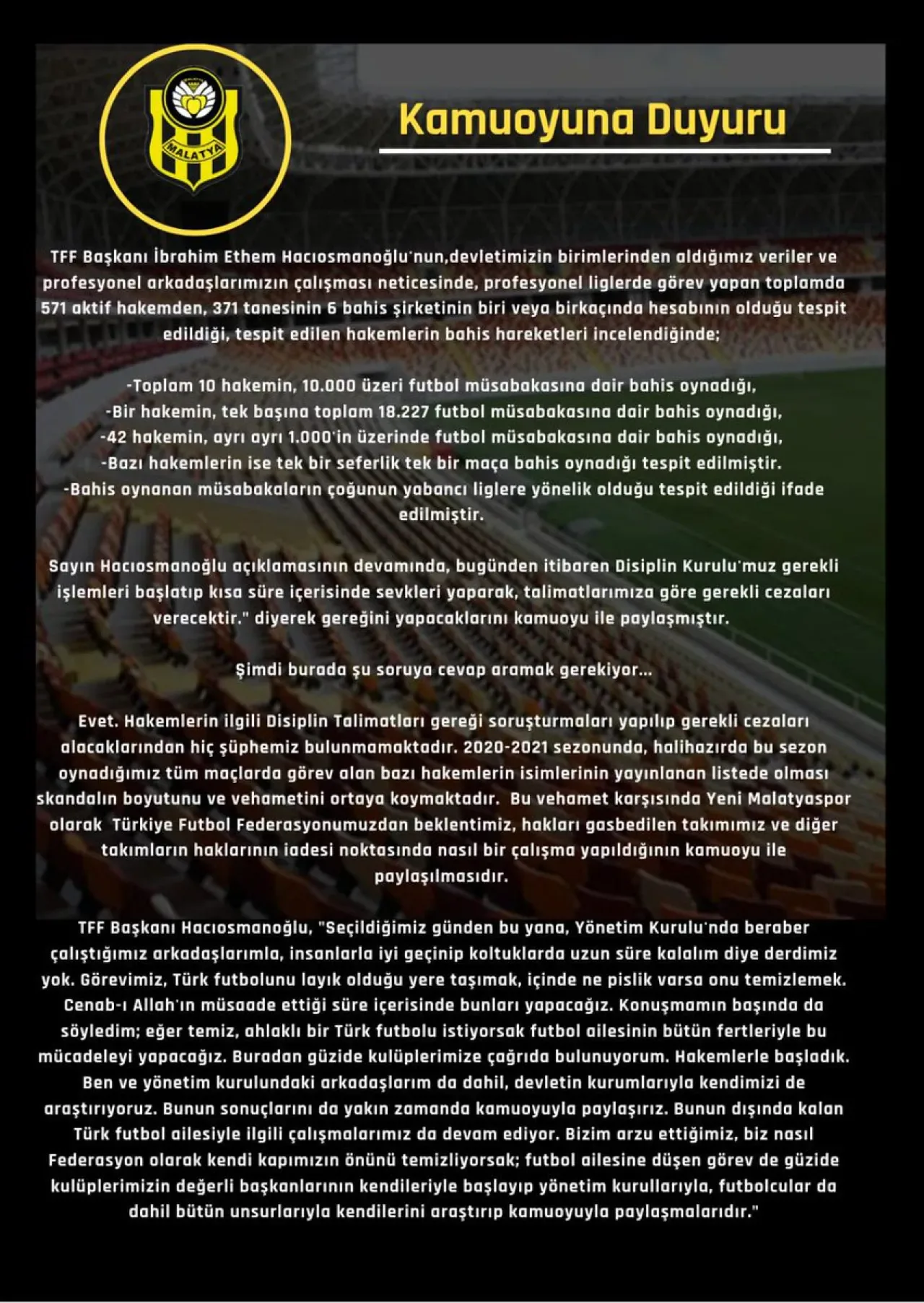 Yeni Malatyaspor'dan TFF'ye Hakem Skandalı İle İlgili Açıklama Yeni Malatyaspor'dan TFF'ye Hakem Skandalı İle İlgili Açıklama