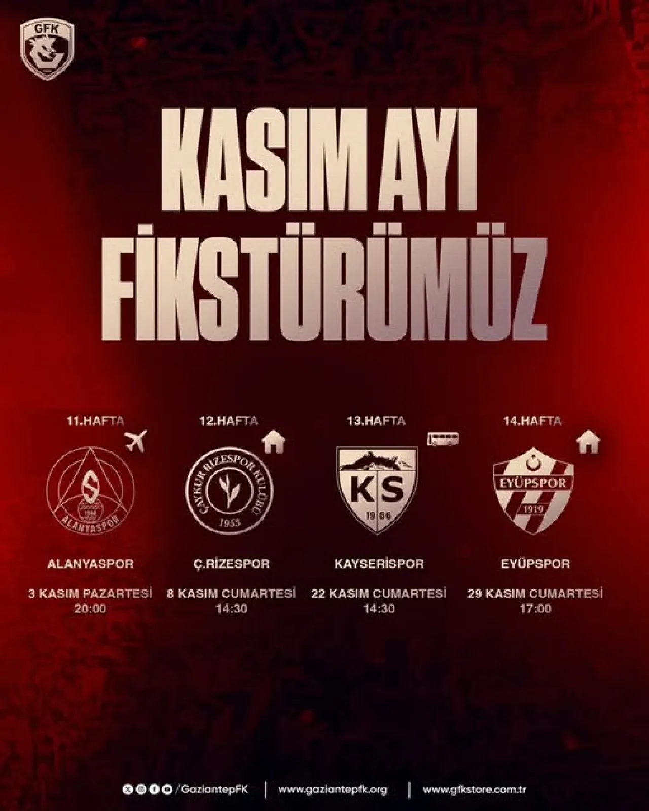 Gaziantep FK'nın Kasım Ayı Maç Programı Açıklandı Gaziantep FK'nın Kasım Ayı Maç Programı Açıklandı