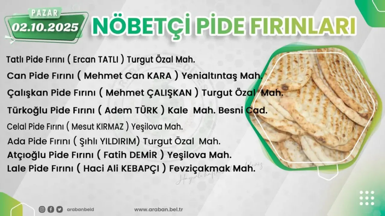 Araban Belediyesi Hafta Sonu Vatandaşlar İçin Nöbetçi Pide Fırınlarını Açıkladı Araban Belediyesi Hafta Sonu Vatandaşlar İçin Nöbetçi Pide Fırınlarını Açıkladı