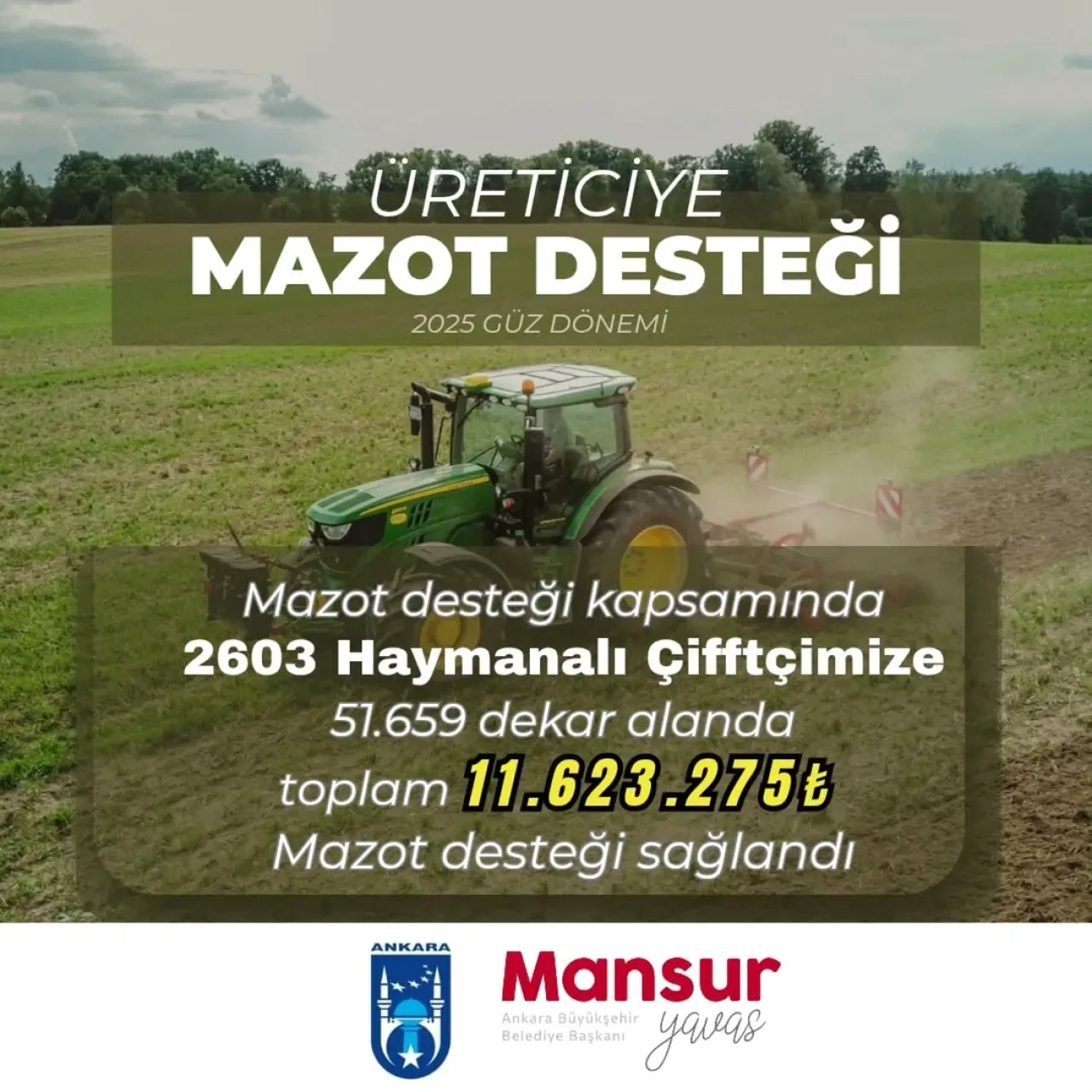 Haymana Çiftçilerine 11,6 Milyon TL Mazot Desteği Haymana Çiftçilerine 11,6 Milyon TL Mazot Desteği